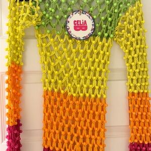 CeliaB Gradient Crochet Swim Coverup in Green, Yellow, Orange & Pink